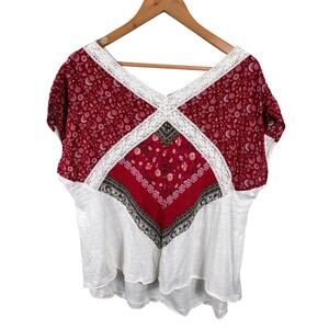 Umgee‎ Shirt Women Size Large Red White Floral Boho Lace Low Hem Peasant Top